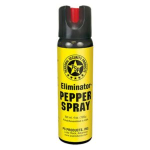 Yellow pepper spray can with black cap.