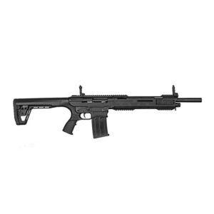 Black tactical shotgun with magazine and barrel sights.