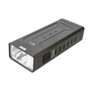 Rectangular black flashlight with textured grip.