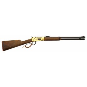 Lever-action rifle with wooden stock and gold receiver.