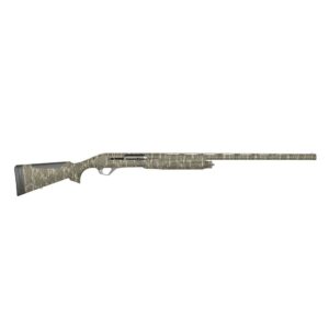 Camo hunting shotgun, side view.