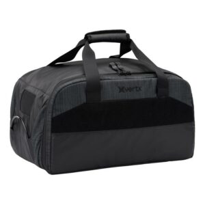 Black duffel bag with handles and zipper.