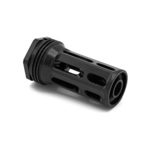Black firearm muzzle brake on white background