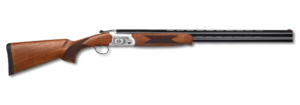 Over-under shotgun with wooden stock and engraved receiver.