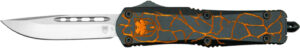 Folding knife with black and orange handle design.