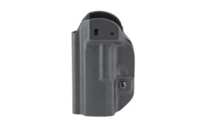 Black polymer pistol holster, side view.