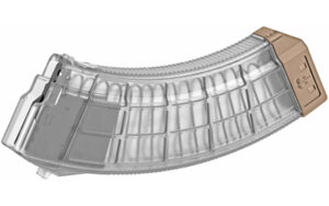 Transparent rifle magazine with brown top section.