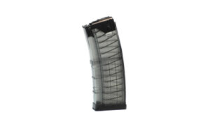 Transparent rifle magazine on white background