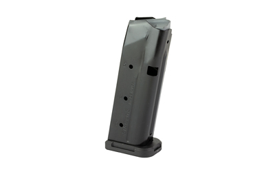 Handgun magazine with black finish, vertical view.