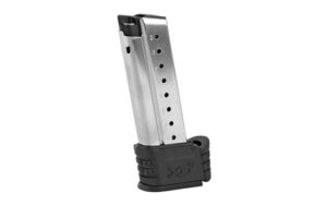 Gun magazine with black base on white background.