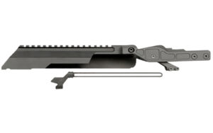 Black metal tactical rifle accessory on white background.