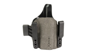Gray gun holster with clips and logo