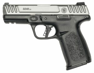 Silver and black handgun, left side view.