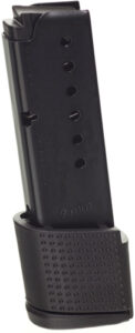 Black 9mm pistol magazine with grip extension.