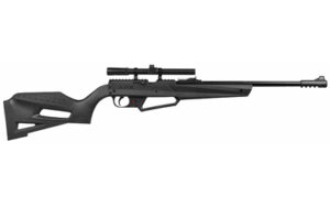Black air rifle with scope on a white background.