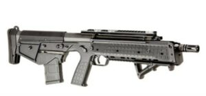 Bullpup shotgun with tactical design, black color.