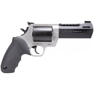 A black and silver revolver pistol.