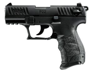 Black handgun, compact design, textured grip