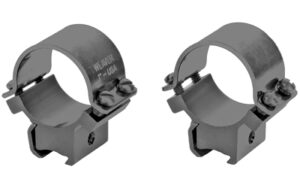 Pair of black scope rings for rifles.