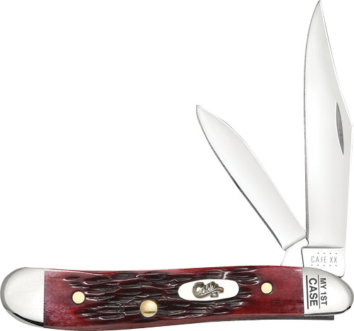 Red pocket knife with three open blades.