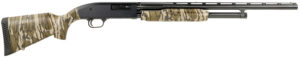 Camouflage pump-action shotgun with black receiver.