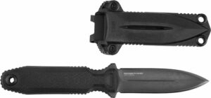 Black tactical knife with sheath, top view.