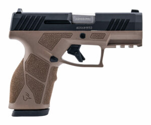 Side view of a black and brown handgun.