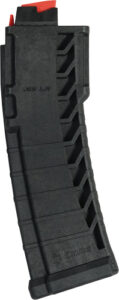 Black firearm magazine with red follower