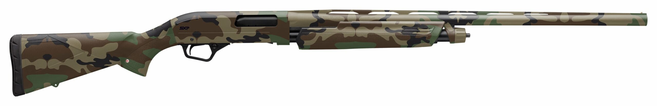 Camouflage-patterned hunting shotgun side view