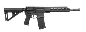 Black semi-automatic rifle with magazine and rail system.