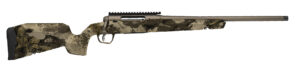 Camouflage hunting rifle with scope rail.