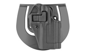 Black plastic gun holster on white background.