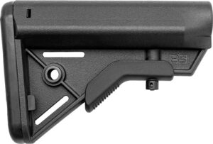 Black rifle stock with adjustable features.