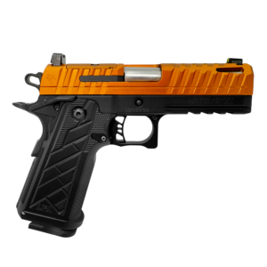 Orange and black semi-automatic pistol, side view.