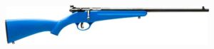 Blue bolt-action rifle isolated on white background.
