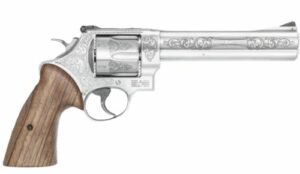 Engraved revolver with wooden handle, side view.