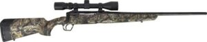 Camouflage hunting rifle with scope.
