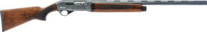 Wooden shotgun with black barrel and stock.