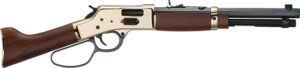 Lever-action rifle with wooden stock and metal barrel.