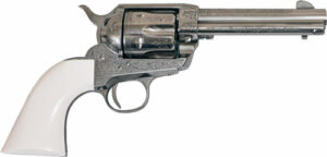 Antique revolver with engraved barrel and ivory grip.