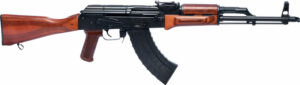 AK-47 rifle with wooden stock and black magazine.