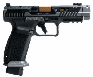 Black handgun on white background.