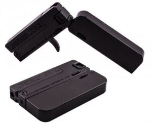 Lifecard folding pistol, open and closed views.