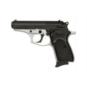 Handgun side view with black grip and barrel.