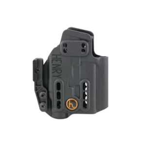 Black pistol holster with branding and attachment slots.