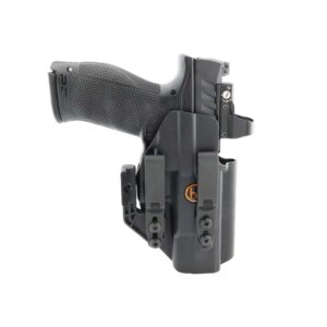 Tactical black handgun holster with belt clips.
