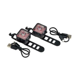 Two USB rechargeable bike lights with cables.