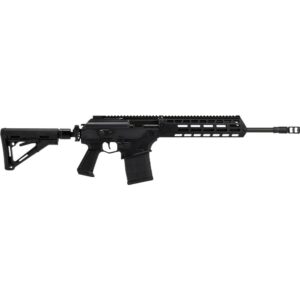 Black tactical assault rifle on white background.