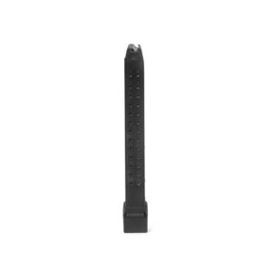 Black firearm magazine on white background.