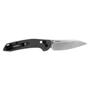 Folding knife with black handle and steel blade.